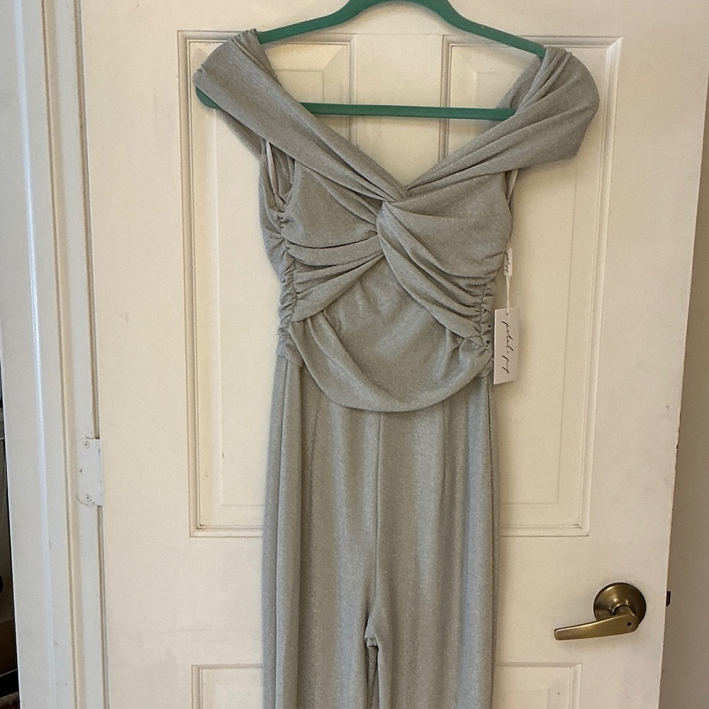 Petal & Pup Silver Off-Shoulder Jumpsuit